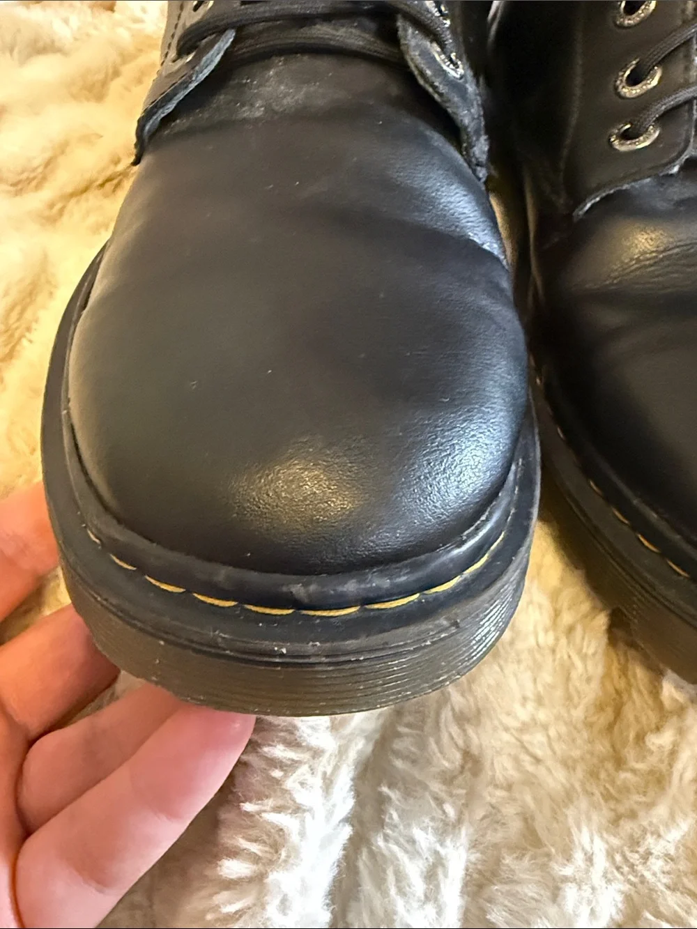 Dr. Martens Awley Black Leather Lace-Up Combat Boots with Yellow Stitch Nwot